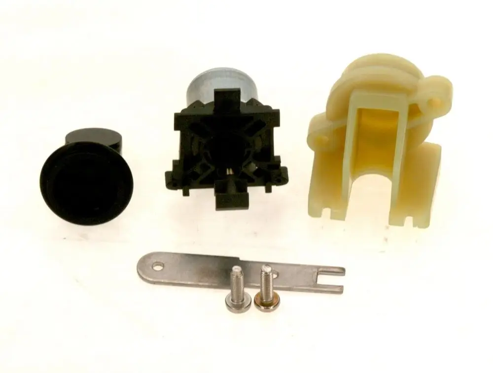 BOSCH Umsteuerventil mit mehreren Komponenten, darunter ein Motor, ein schwarzer Knopf, eine Halterung und Metallteile, auf hellem Hintergrund angeordnet.